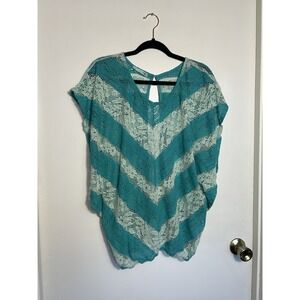 Maurices XL Teal White Chevron Lace Crochet Poncho Top Sheer Knit Boho Blouse